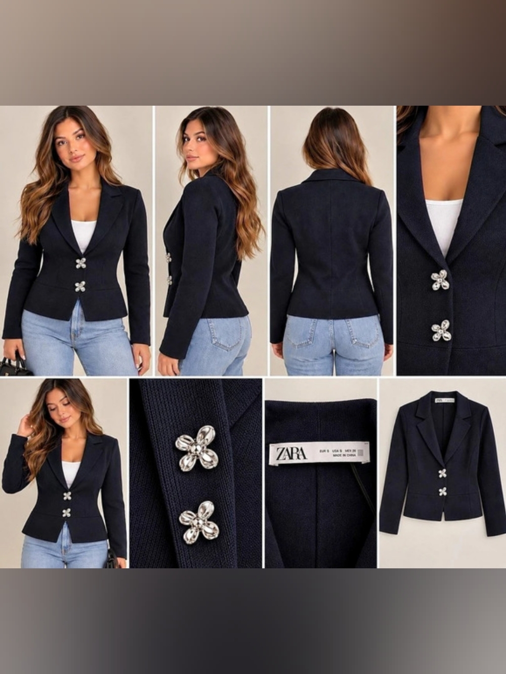 Zara Floral Button Knit Blazer Navy